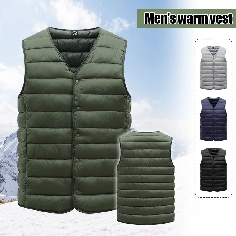 L-5XL Men Ultra Light Down Cotton Vest Jacket Male Winter Warm Liner V-neck Sleeveless Vest Coat For Middle Aged Elderly Dad\'s C