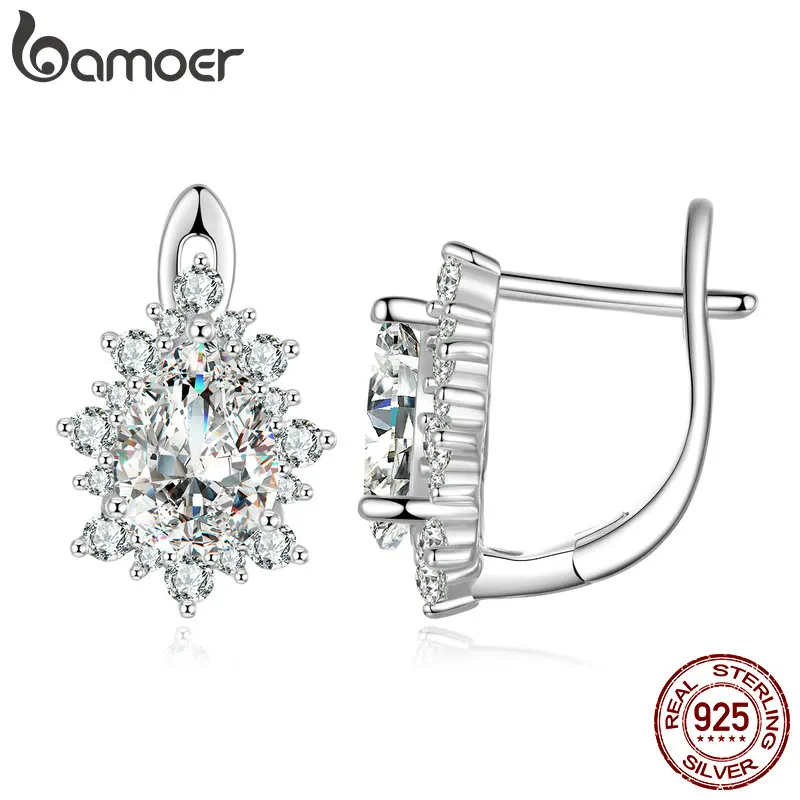 Bamoer 925 Sterling Silver Pavé Sparkling CZ Exquisite Water-Drop  Zircon Ear Buckles for Women Luxurious Hoop Earrings Jewelry