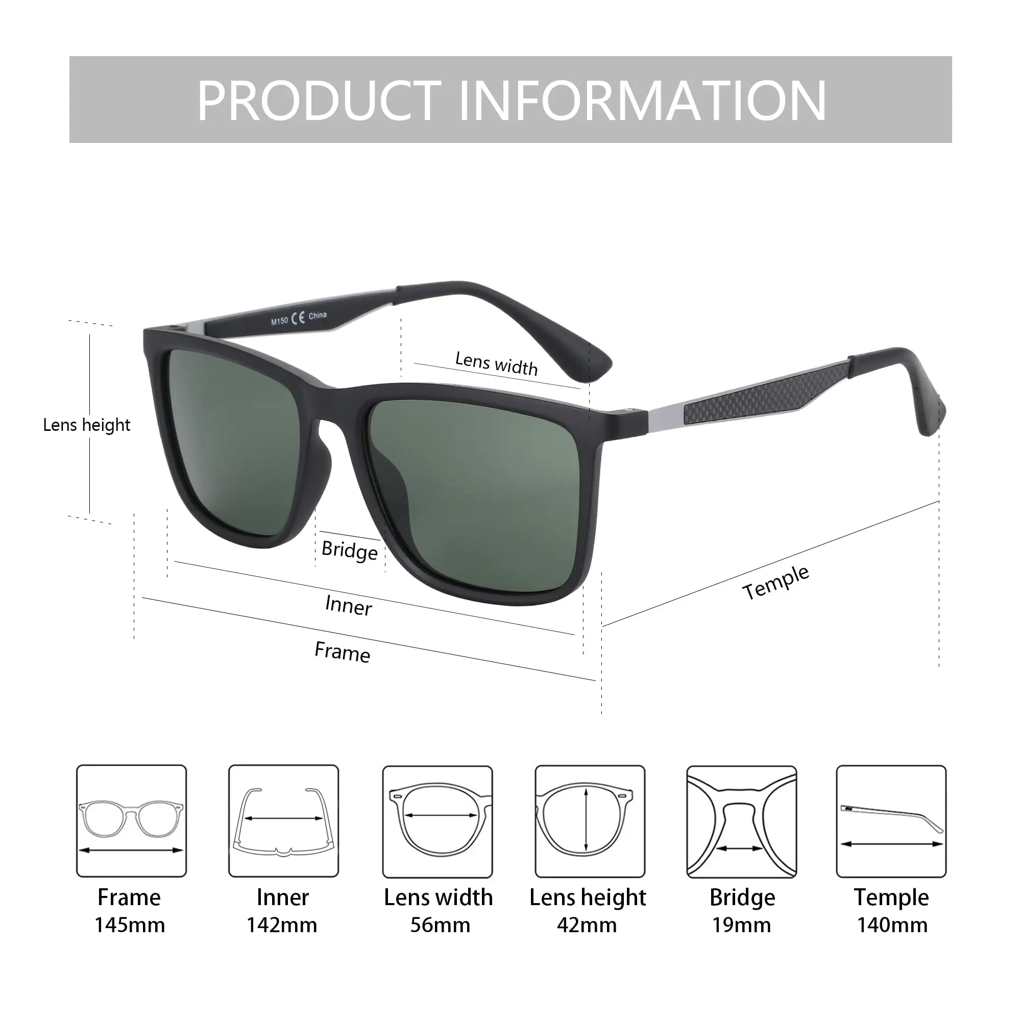 ZENOTTIC Rectangle Polarized Sunglasses for Men Ultralight Carbon Fiber Frame UV400 Protection Classic Square Sun Glasses