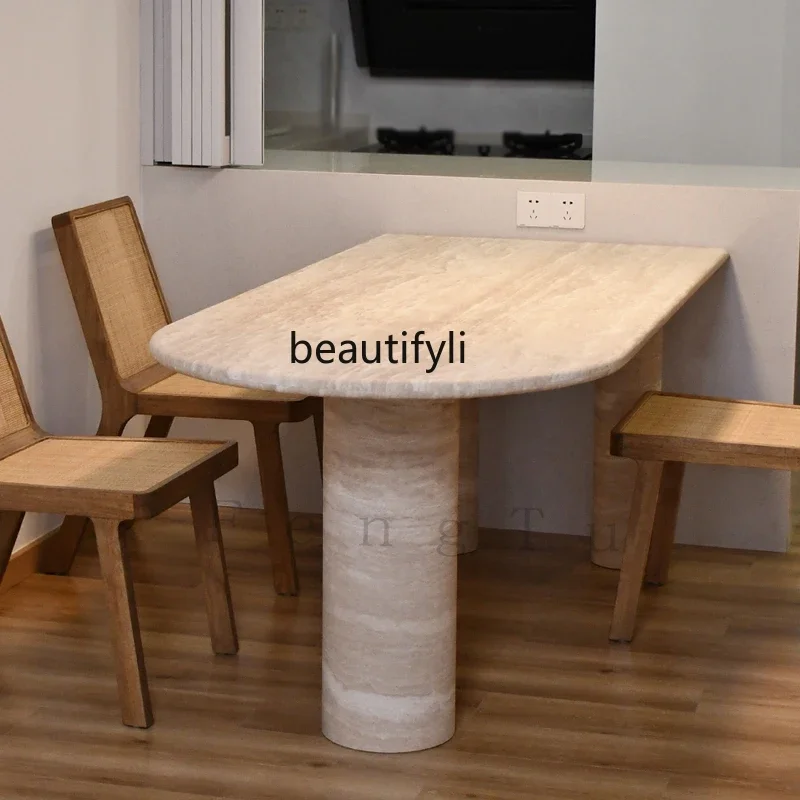 Light luxury wabi sand travertine dining table natural marble designer rectangular household dining table