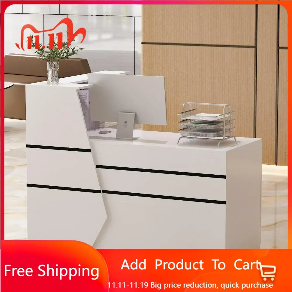 L-Shape Laminate Reception Desk Computer White Glam Modern Contemporary Urban L-Shape MDF Matte Cabinet Drawers Keyboard Tray