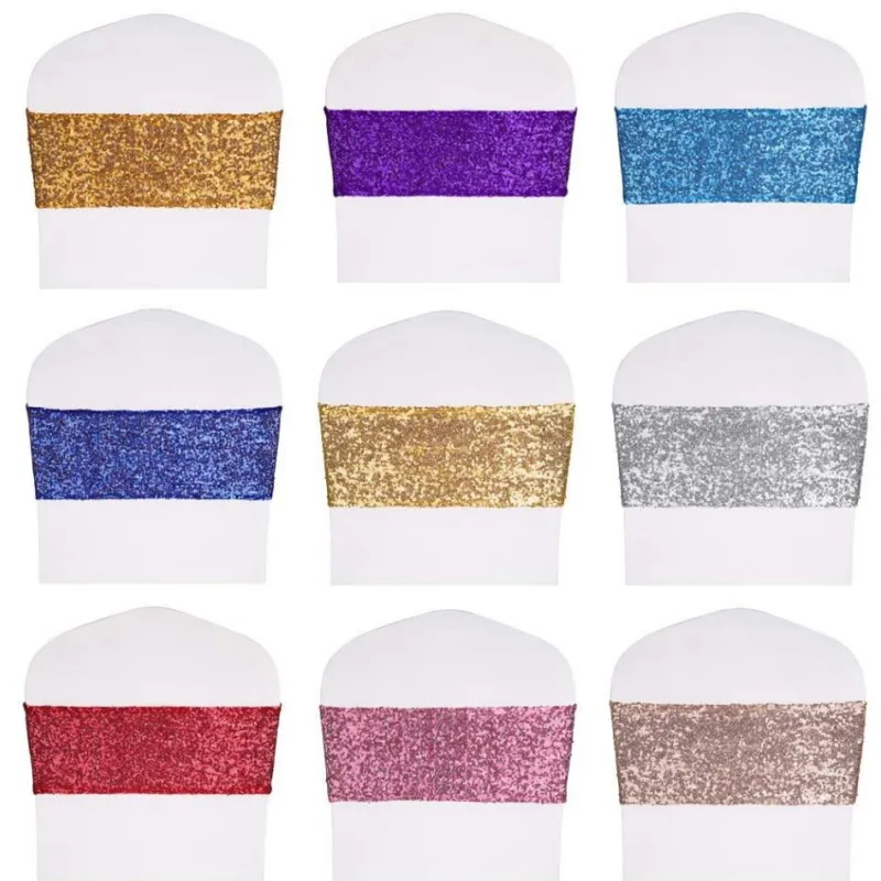 New 50/10PCS Sequin Chair Sashes Cover Wedding Decoration Knot Banquet Party Birthday Reception Home Decor Stretch Chair Bands