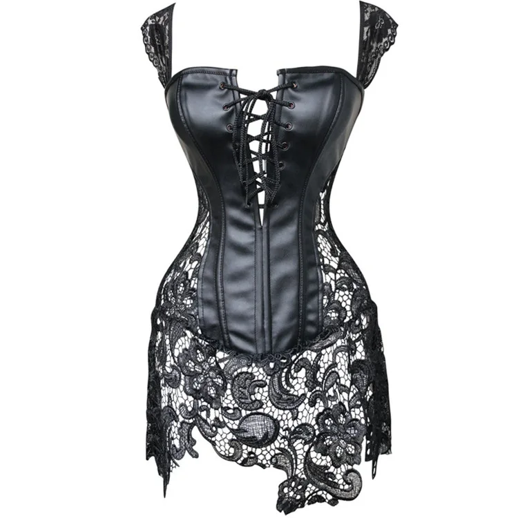 S-6XL Lace and Faux Leather Corset Steampunk Costume Shaper Overbust Zipper Front Bandage Espartilhos Sexy Women Corset