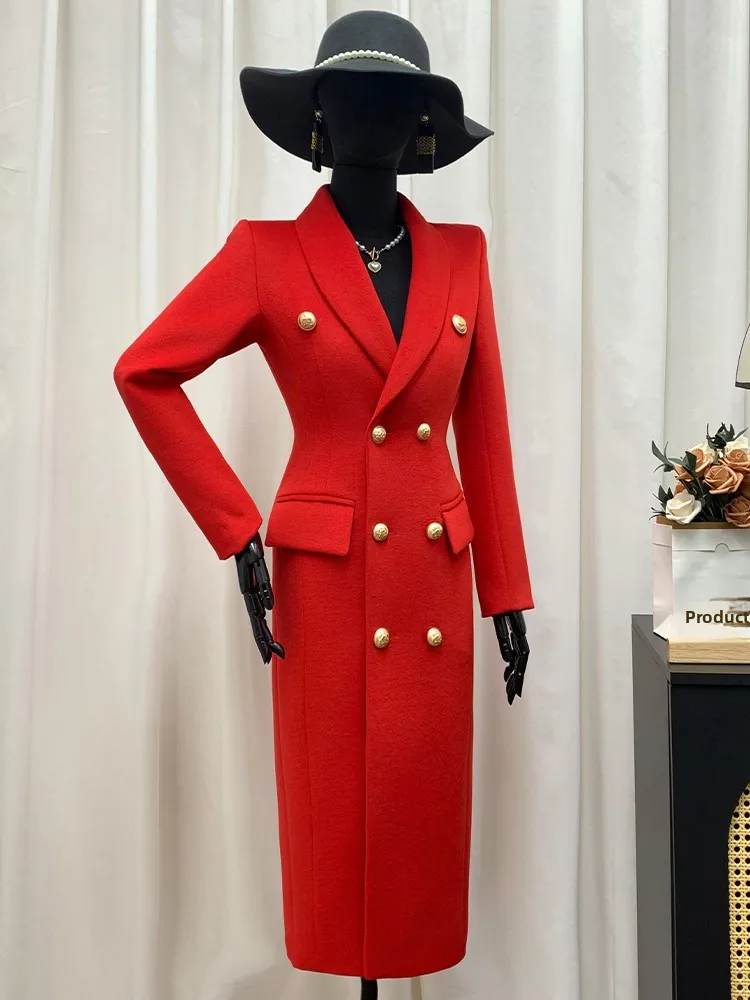 

Pigno 2025 Thiened Warm Double-Breasted New Year Woolen Coat Waist-Cinching Slimming Red Outerwear Women's Faion