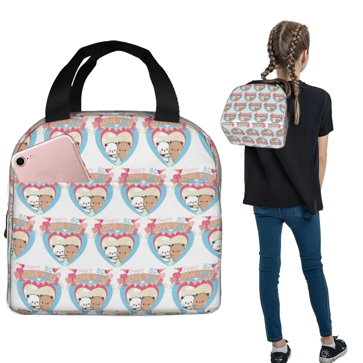 

Love Bubu And Dudu Mochi Milk Peach Valentine Xmas Insulated Lunch Bag for Women Kid Leakproof Food Boxes Thermal Lunch Box Tote