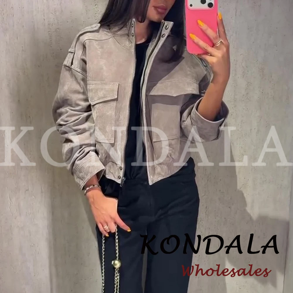 KONDALA Vintage Graue PU Streetwear Damenjacke Mode 2026 Herbst Reißverschlusstasche High Street Chic Moderne Kurze Damenjacke – Detail 3