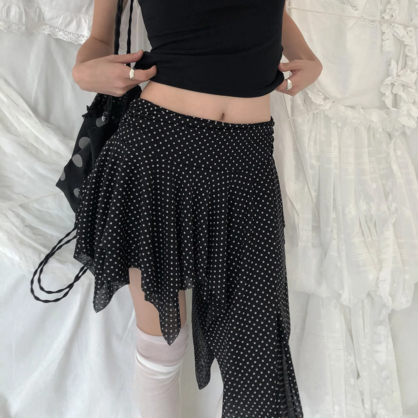

Women Y2K Polka Dot Print Asymmetrical Skirt Ruched Low Rise Short Ruffle Short Skirt Casual Summer Coquette Streetwear