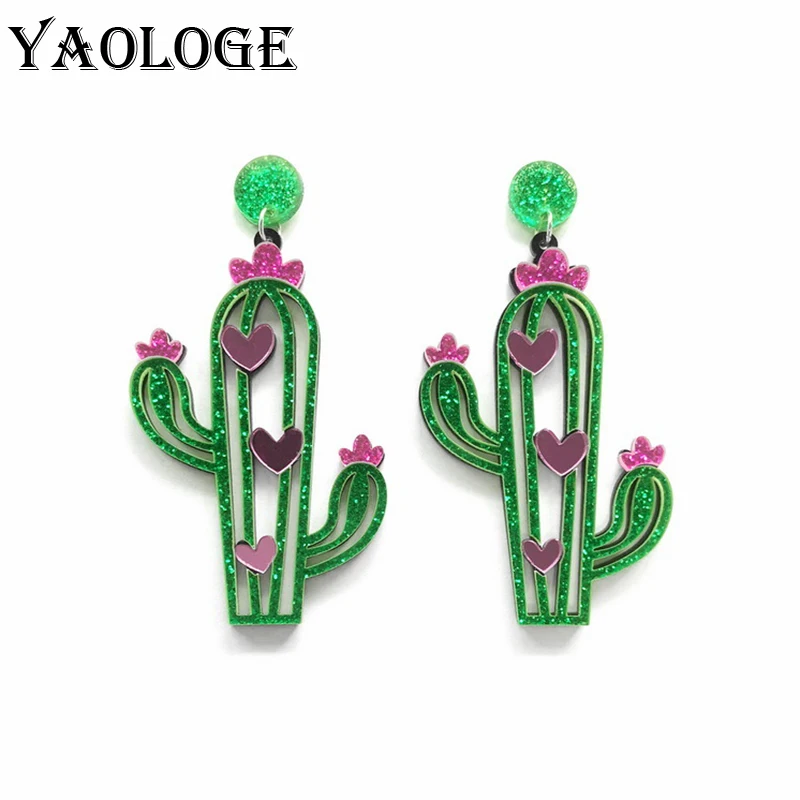 YAOLOGE 2022 New Acrylic Creative Heart Cactus Pendant Earrings For Women Bohemian Ethnic Girls Party Jewelry Gift Drop shipping