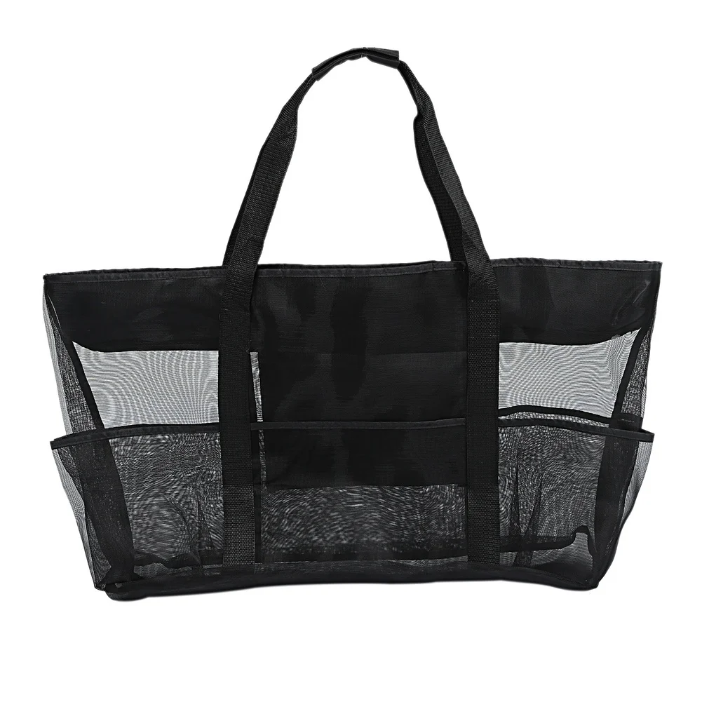 1 Piece Large Mesh Beach Bag With 8 Pockets Black Breathable Quick Dry Storage Organizer For Travel Bathroom Shoes Toiletries