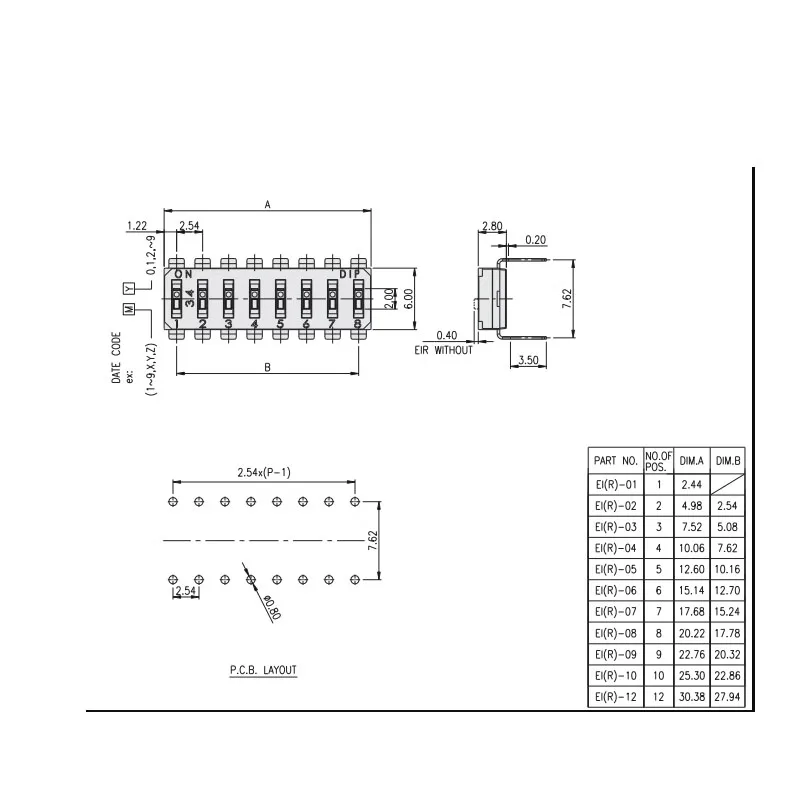 2PCS/LOTS Taiwan DIP EI-10-V DIP Switch 10 Position 10P Piano Key Flat Dial Coding Straight 2.54mm