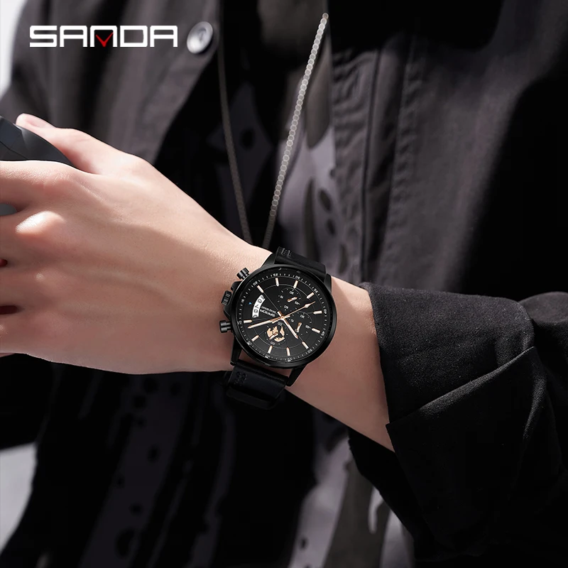 Sanda 5015 Product Three Eyes Six Needle Quartz Men's Watch Fashion Simple Steel Band Calendar Waterproof Korean Quartz Watch