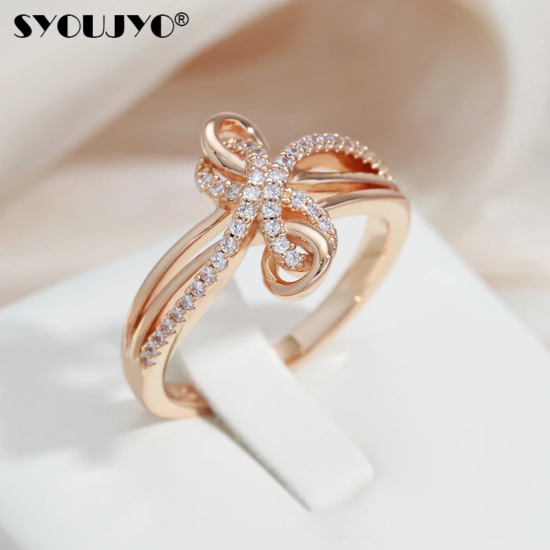 SYOUJYO 585 Rose Golden Bow-knot Rings For Women Natural Zircon Pave Setting Luxury Jewelry