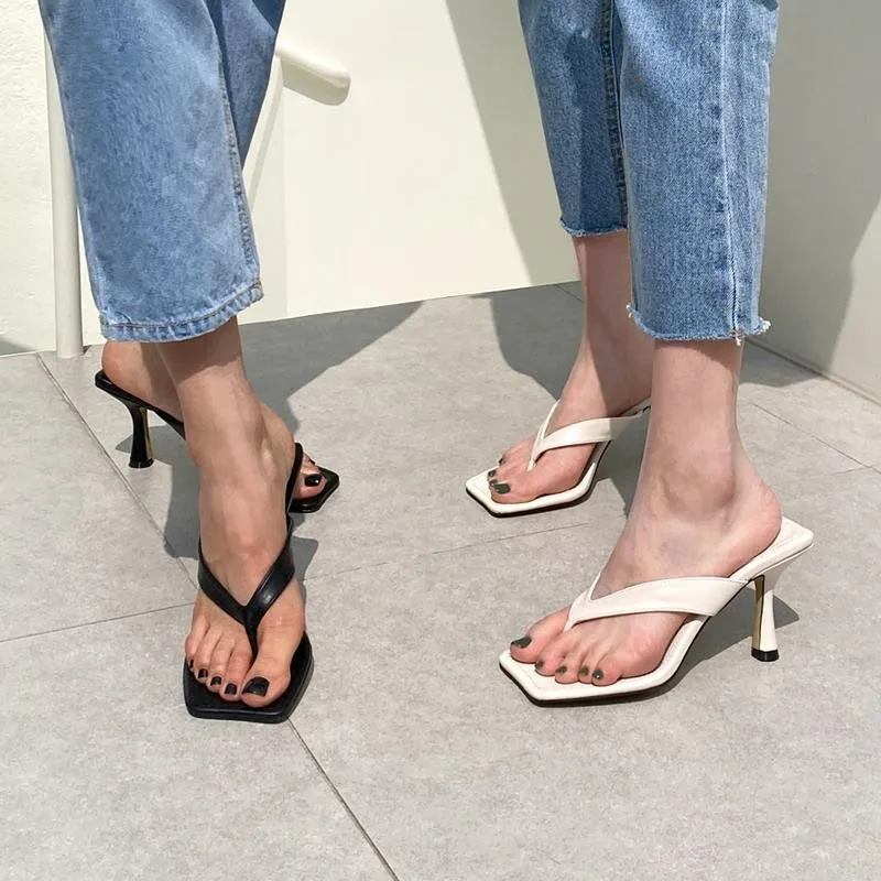 

High Heel Slippers Women Summer New Fashion Outside Wear Square Toe Clip-Toe Stiletto Sandals