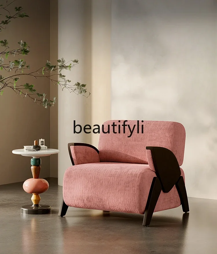 

Wabi Sabi retro balcony fabric single sofa chair antique solid wood leisure chair in living room