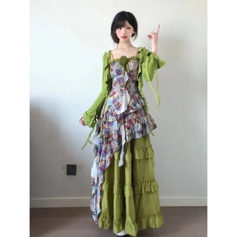 Women French Painting Floral Two Piece Set Irregular Ruffle Cami Dress Green Ruffle Long Sleeve Cardigan Wide Leg Pants Outfit