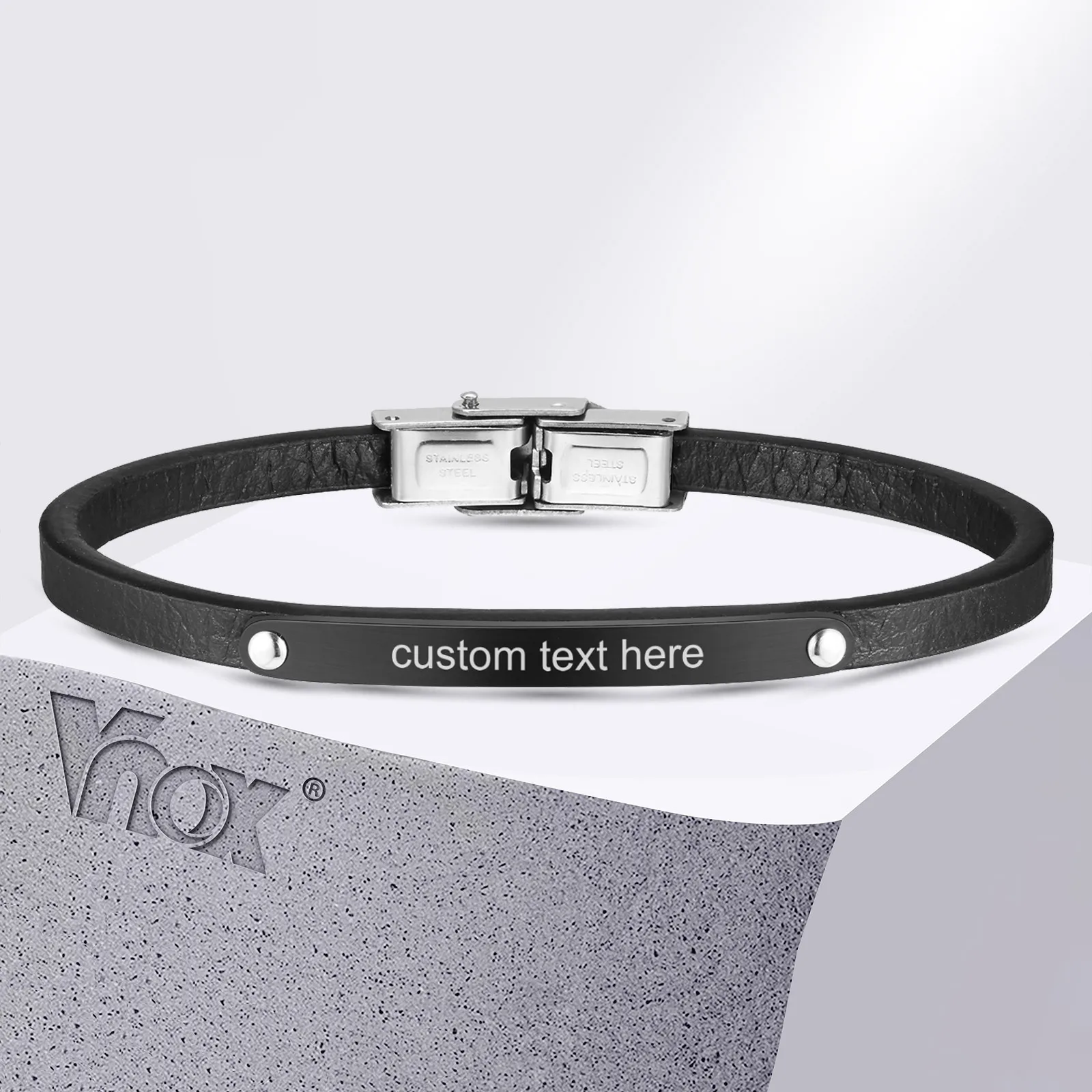 

Vnox Free Engrave Name Date Bar Bracelets, Mens Black Leather Wristband, Slim 5mm Stackable Wristband Gift for Him