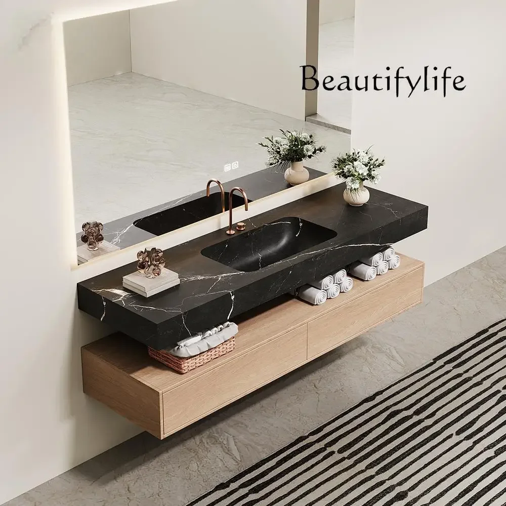 BJ Y Black And White Roots Luxury Stone Wall-Hung Integrated Sink: Black White Marble Undermount Basin Modern Bathroom Vanity