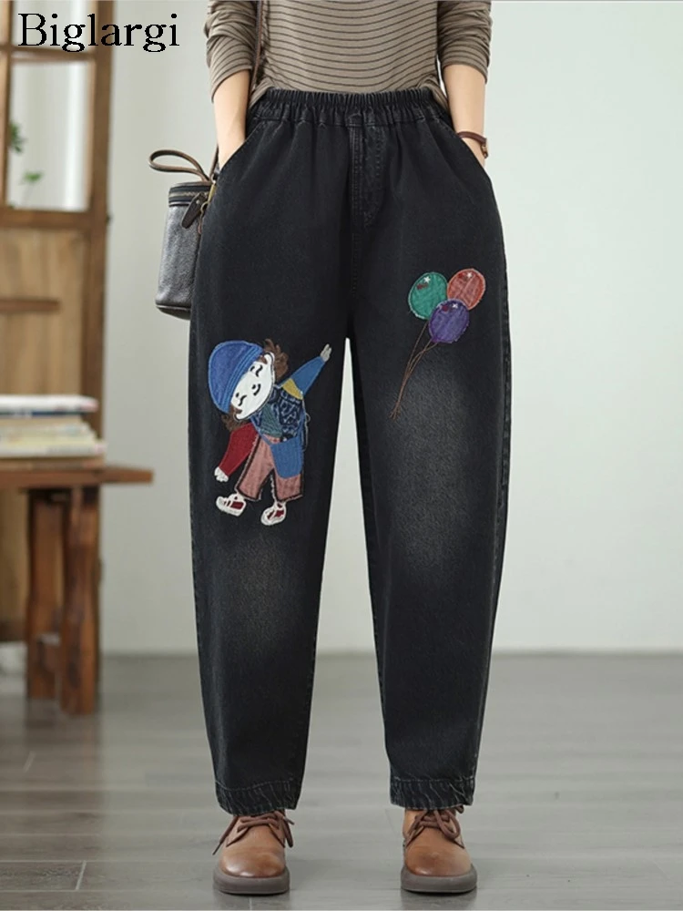 

Джинсы большого размера, осенние брюки в стиле ретро, женские модные женские шаровары с мультяшной вышивкой, свободные повседневные женские шаровары