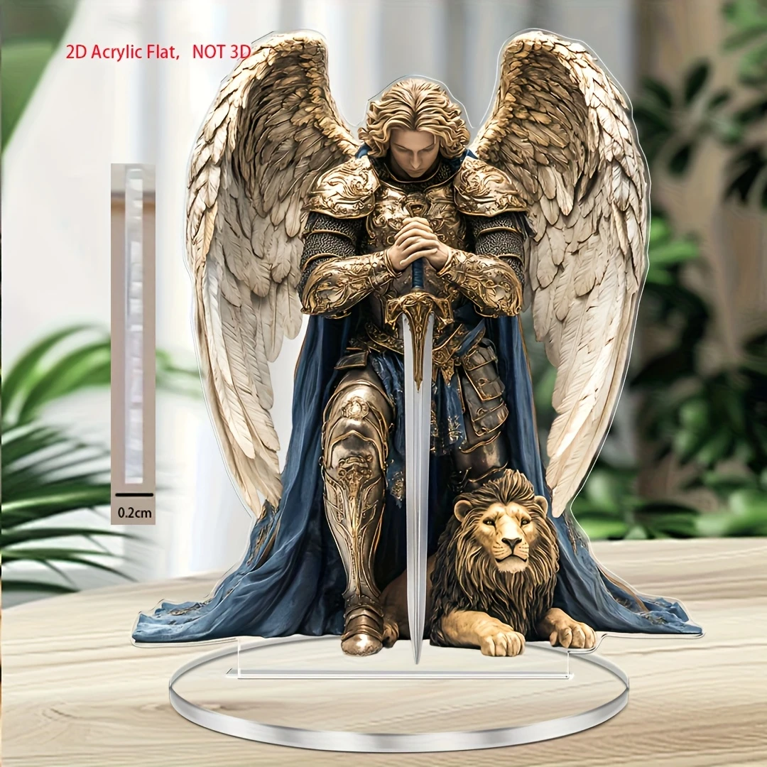 2D Elegant Michael Angel Acrylic Tabletop Ornament Religious Angel Design with Golden Armor Blue Cape Home Desktop Decor