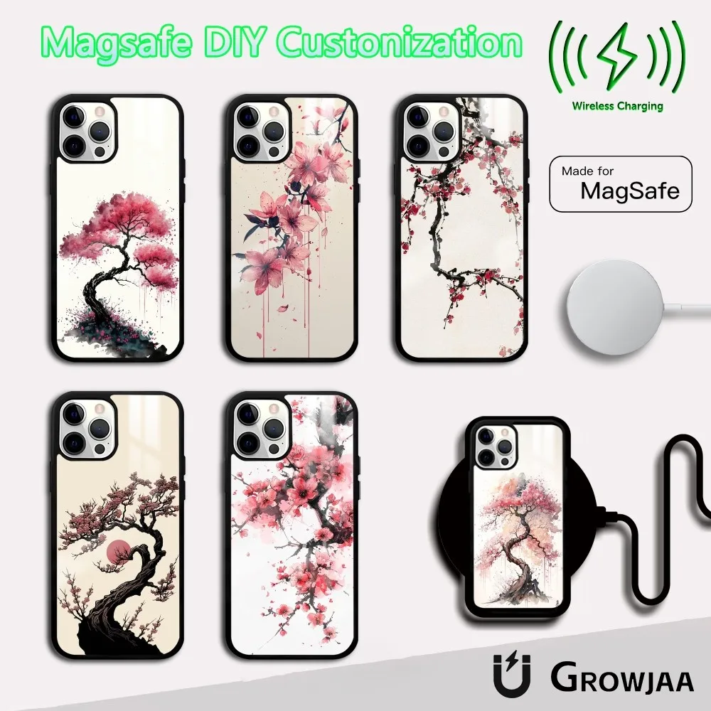 Cherry Blossom Tree Art Phone Case For IPhone 16 15 14 13 12 11 Pro Max Plus Mini Magsafe Mirror Wireless Magnetic Funda