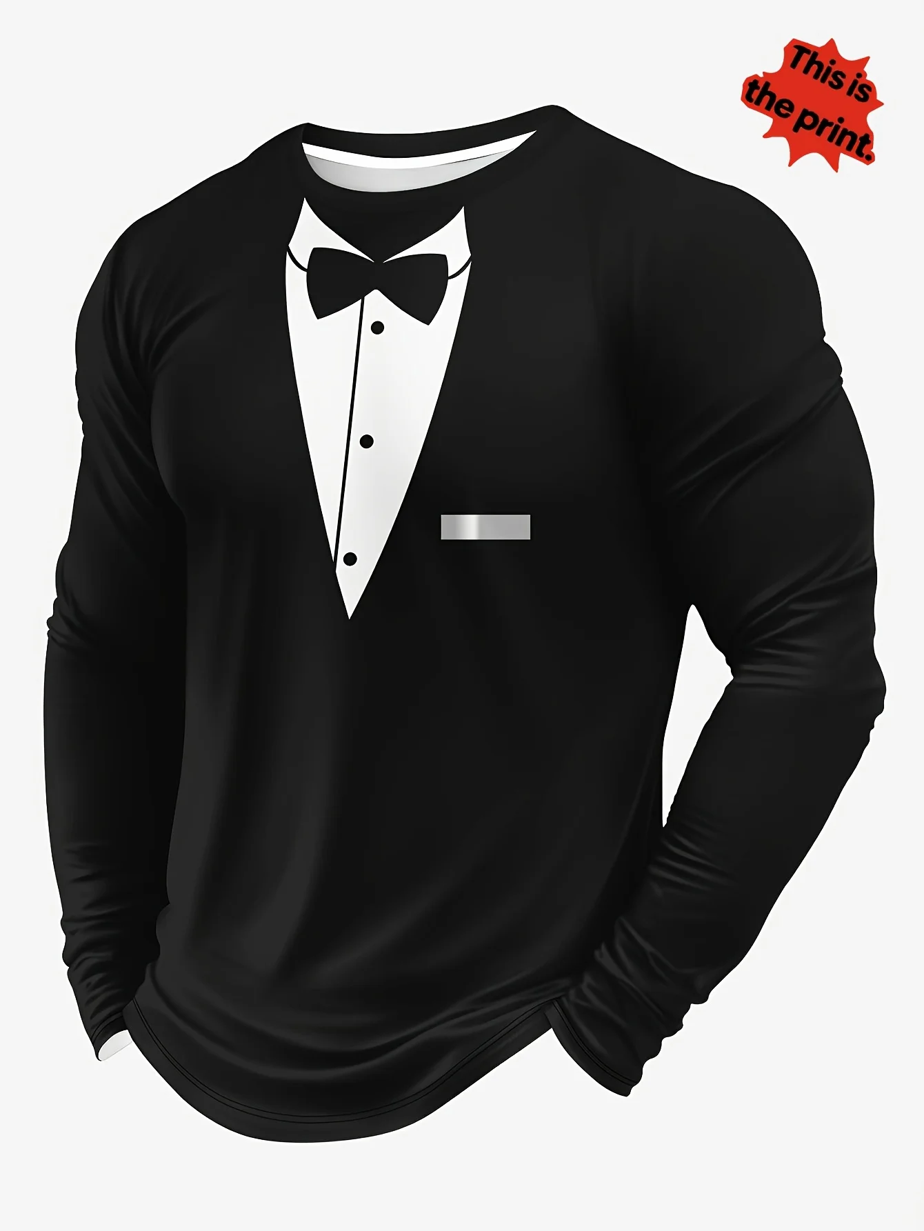 Creative Long-Sleeve T-Shirt with Printed Suit-Collar and Bow Tie – Faux-Layered Formal-Style Men’s Top for Parties