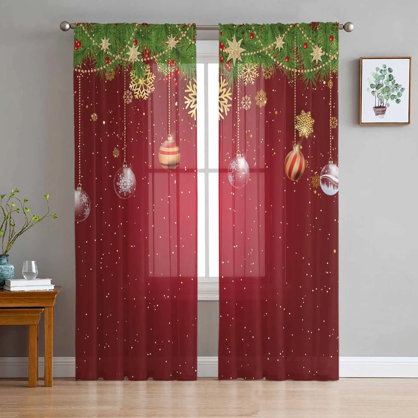 

Christmas Light Balls Pine Branches Chiffon Sheer Curtains for Living Room Bedroom Decor Kitchen Window Voiles Tulle Curtain