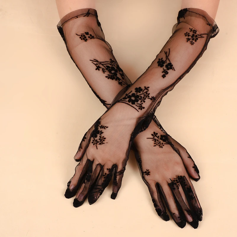 

Sexy Black Mesh Flower Lace Gloves Long Bride Wedding Photo Elbow Gloves Costume Parties Accessories