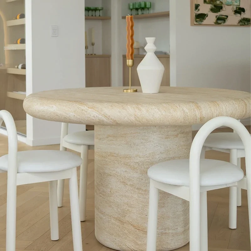 #Luxury Modern Round Travertine Dining Table Natural Stone Pedestal Base Table for Dining Room Living Room Hotel Use
