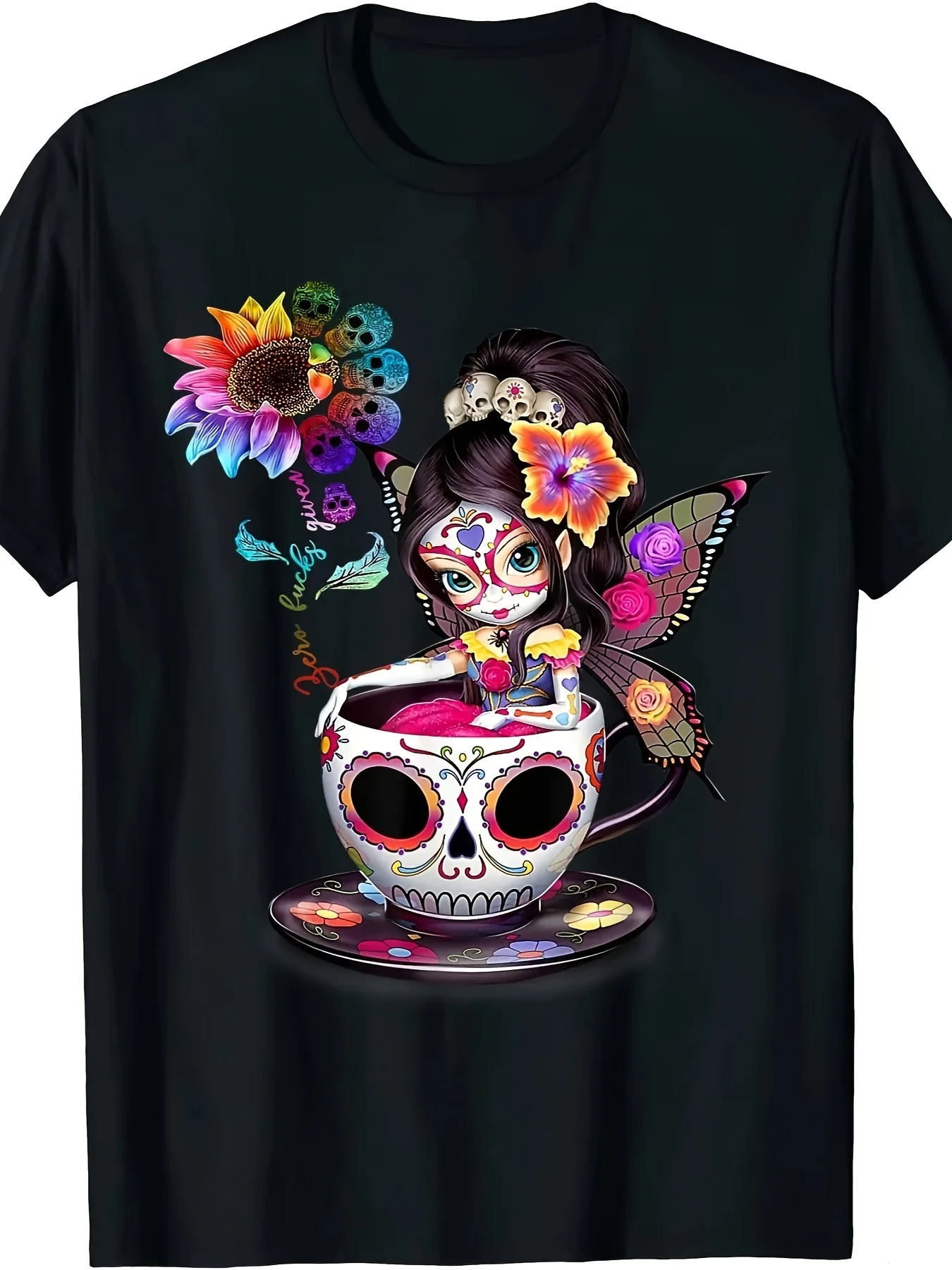 

Dead Sugar Skull Sunflower Graphic Print Summer Autumn Winter Men's and Women's Short Sleeved T-shirt Casual Loose Outdoor