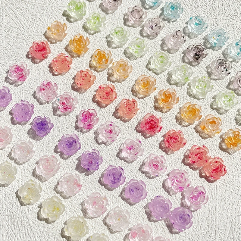 100Pcs 8mm Nightlight Nail Camellia Flower Rose Resin Cabochon Ornament Jewelry Charms Manicure Parts