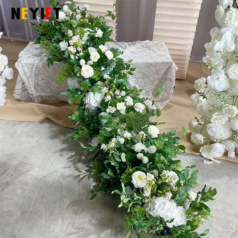 النباتات الخضراء ورقة زهرة الورد الأبيض صف الزفاف خلفية ديكور الطابق زهرة عداء الحدث الجدول الأزهار قطاع ترتيب الدعائم #1