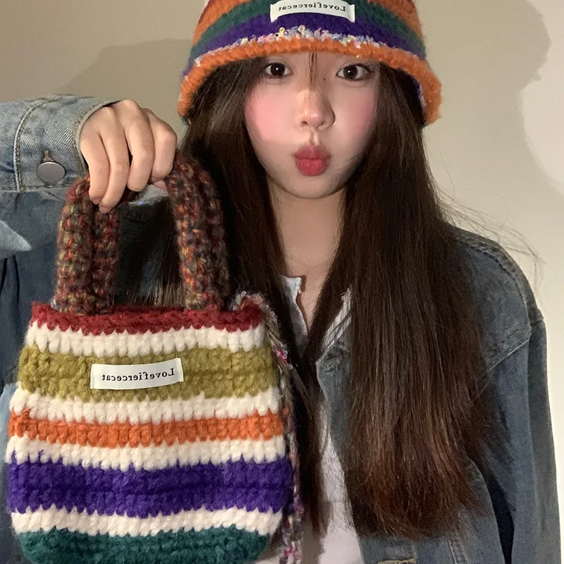 Gorro de pescador de punto colorido para mujer, gorro de lana, bonito y versátil, con circunferencia de cabeza grande, cálido, de felpa, para Otoño e Invierno