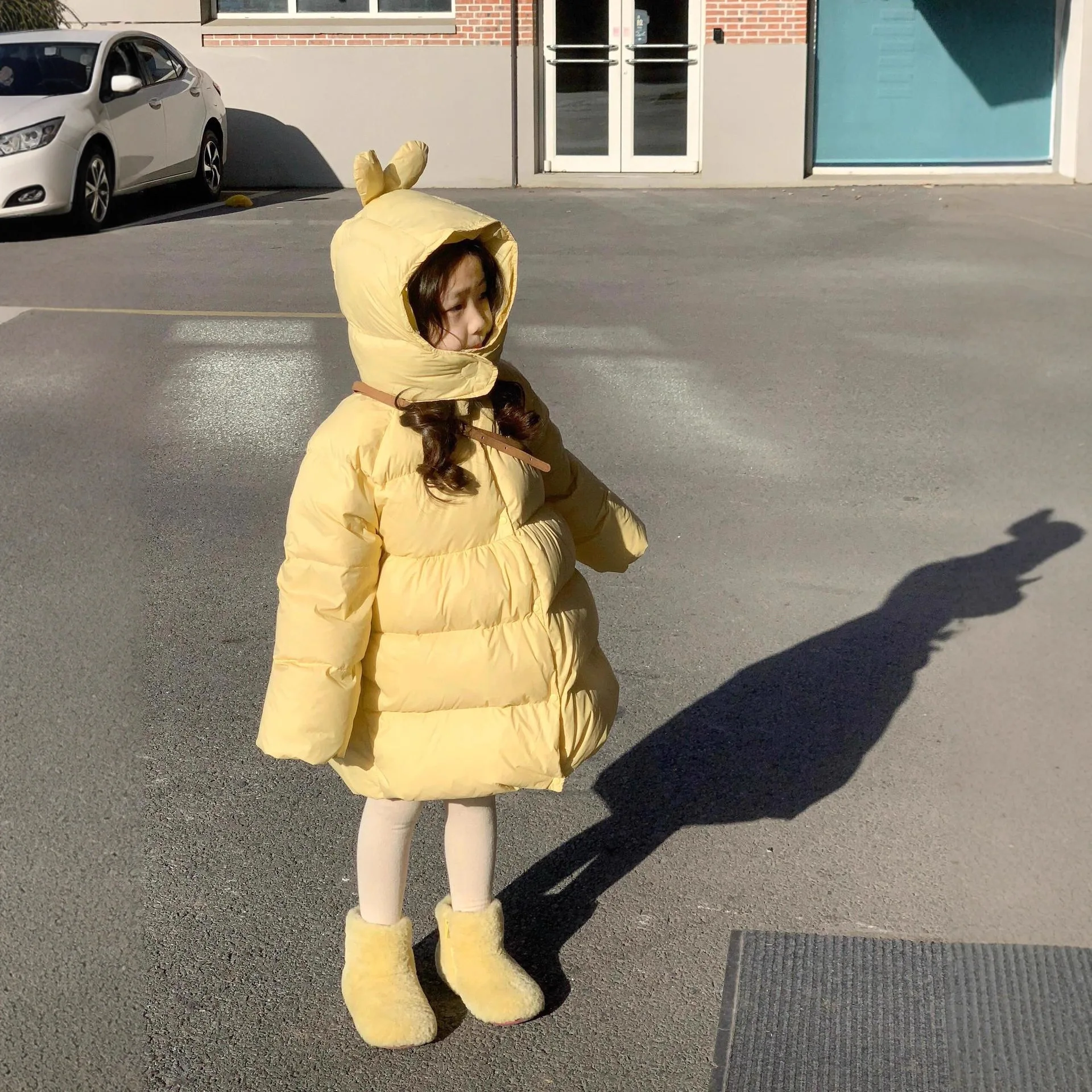 

Girls Winter Ears Hooded Medium and Long Loose Down Cotton-padded Coat Yellow White Thickened Cotton Jacket