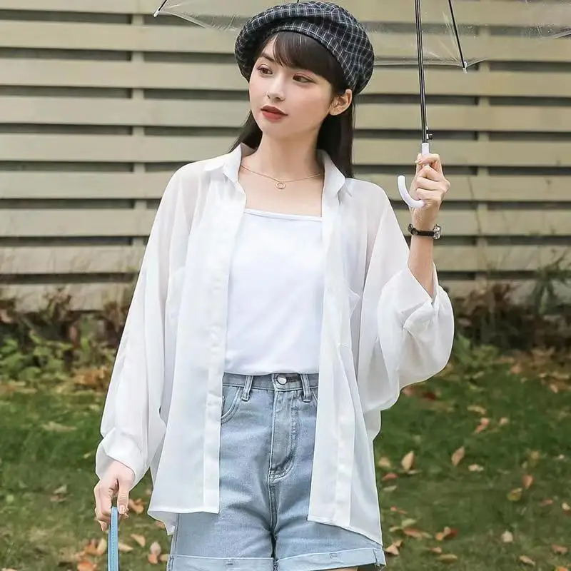 

Women's Summer Loose Thin Sun Protection Shirt Cardigan Style Chiffon Outerwear Breathable Korean Style Versatile Air Conditi...