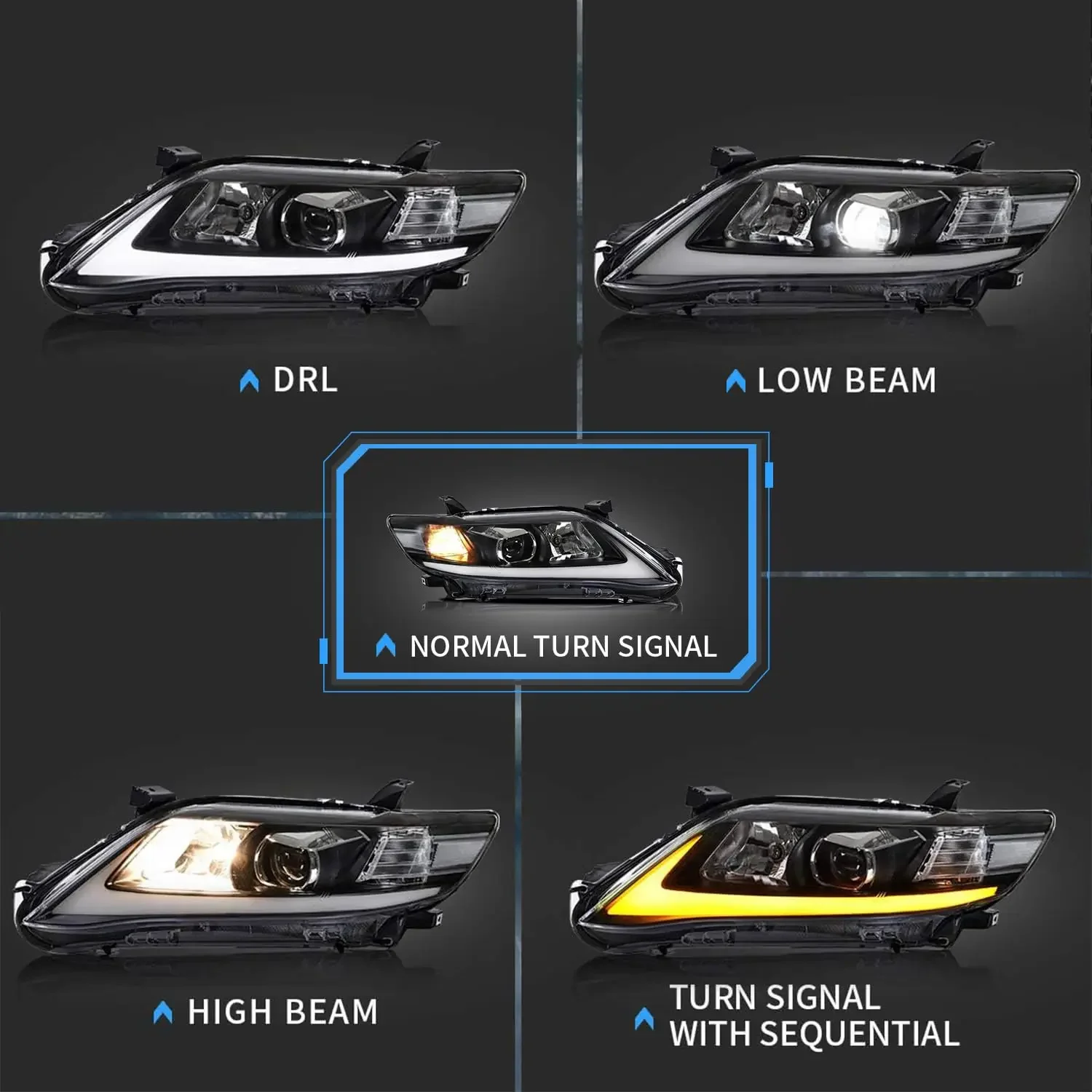 For Toyota Camry 2010-2011 LED Projector Headlights Assembly Fit for US Version W/ Sequential Turn Signal DRL Black Set