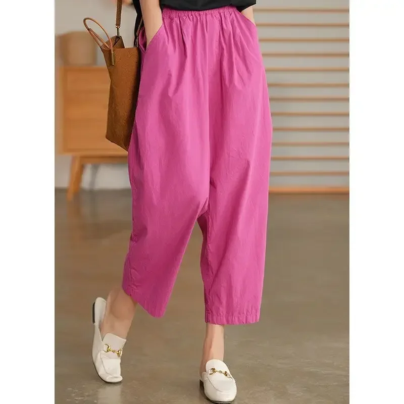 

Summer New Pocket Patchwork Harem Pants Elastic Waist Solid Color Loose All-match Simplicity Casual Women Clothing Z199