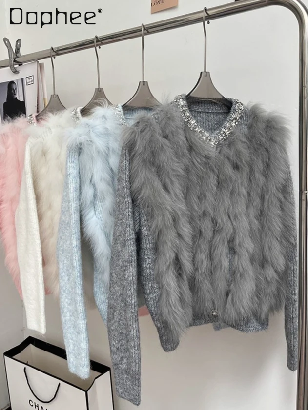 

Осень-зима 2025 г., новый тяжелый кардиган со стразами и круглым вырезом, мягкий кардиган из лисьего меха, пальто, высококачественный элегантный светский вязаный кардиган для женщин