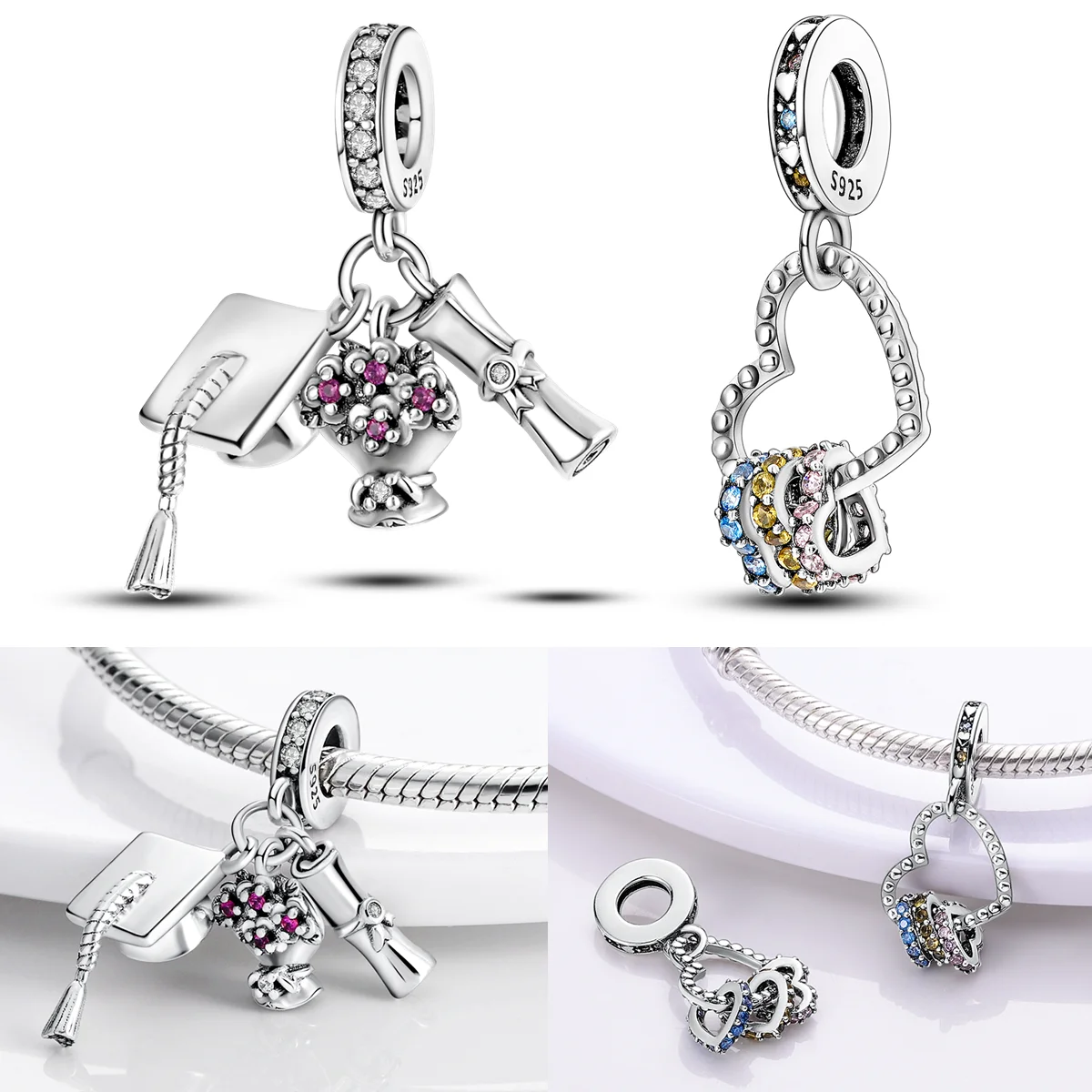 925 Sterling Silver Flowers Graduation Doctoral Hat Charms Bead CZ Zircon Clovers Dangle Fit Original Bracelet DIY Women Jewelry
