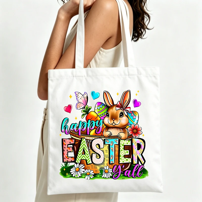 Easter bunny and egg graphic canvas tote bag, perfect for spring celebrations and casual shopping outings