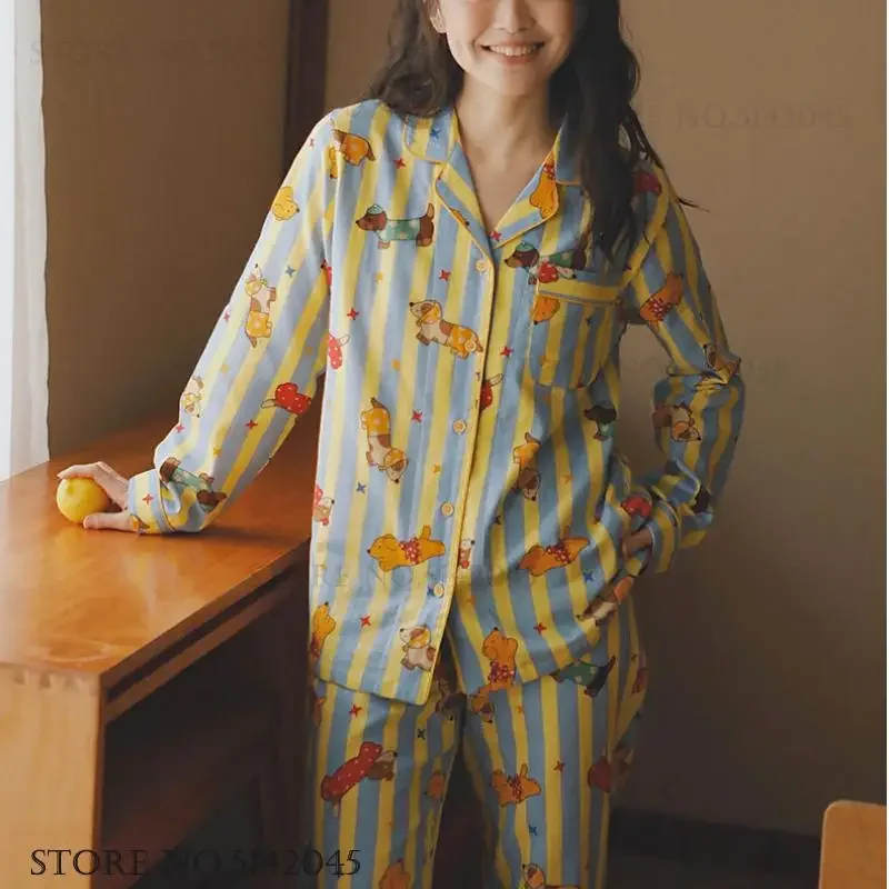 

Пижамный комплект с мультяшным принтом, весенне-осенняя новая хлопково-марлевая пижама Mujer, одежда для дома, женские брюки с длинными рукавами, повседневная домашняя одежда