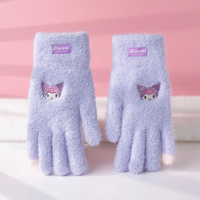 Sanrio cartoon Kuromi moja melodia Pochacco pięciopalczaste wełniane rękawiczki dla dziewczynek w zimie słodkie ciepłe rękawiczki z dzianiny z