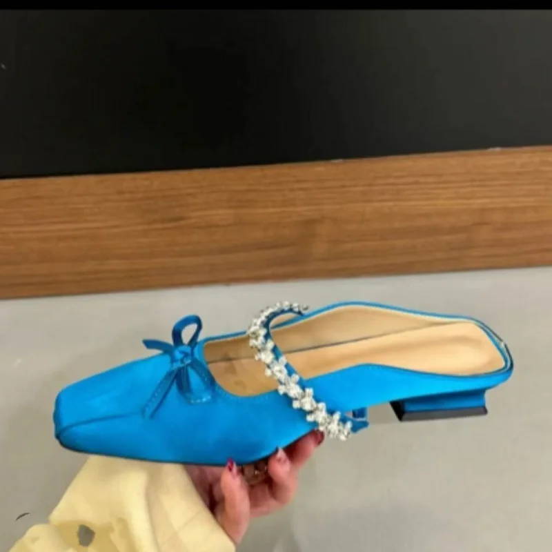 

Женские сандалии с хрустальным бантом, тапочки на плоской подошве с квадратным носком, туфли-лодочки, женские дизайнерские летние шлепанцы класса люкс 202, Mujer