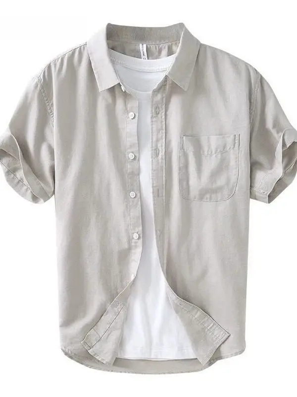 

Loose Fit Linen Cotton Blend Short Sleeve Shirt Men's Summer Casual Vintage Style Thin Top Open Cardigan Style Pure Color