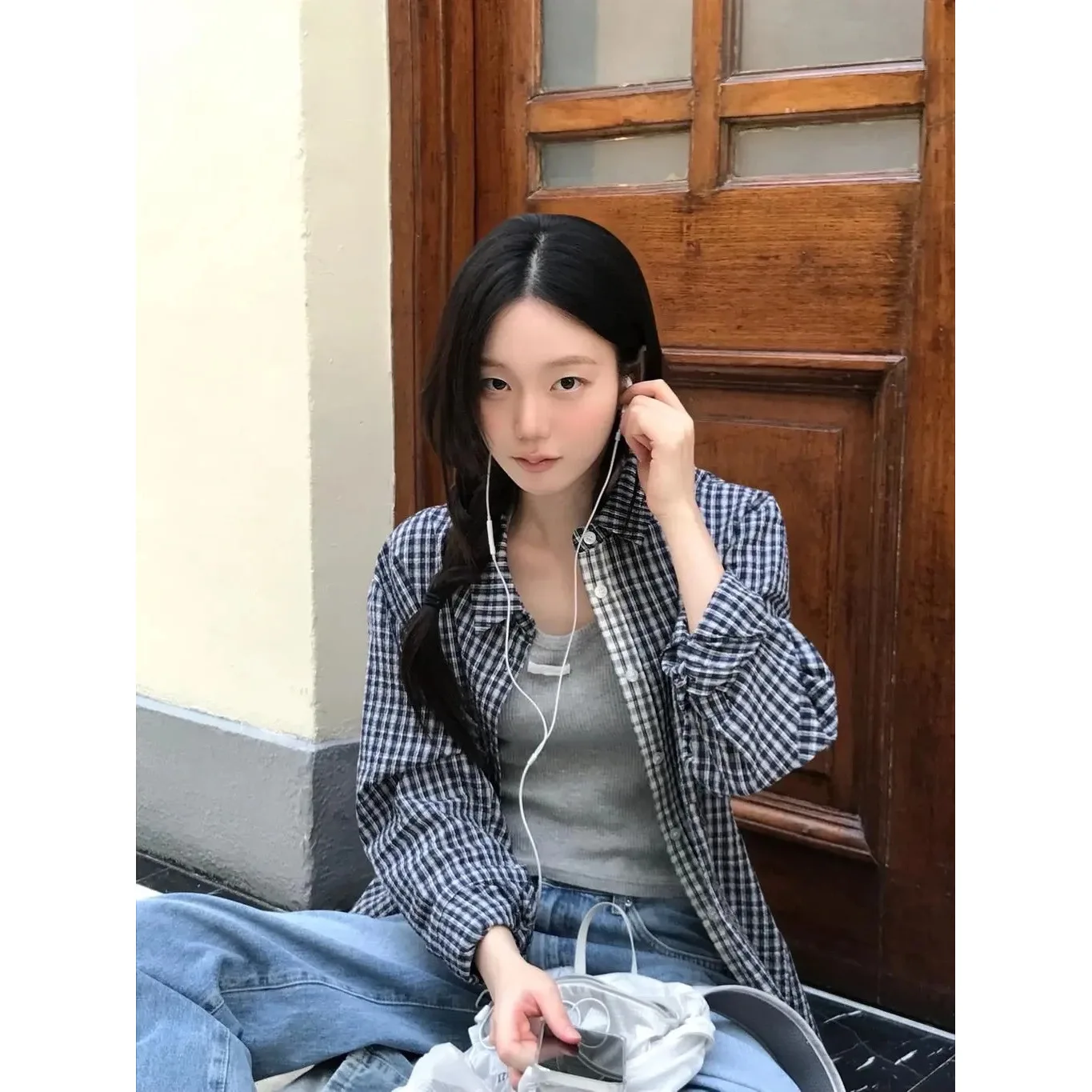 

Letterfommoon Spring 2026 Plaid Collar Shirt Color Block Korean Style Loose Fit Long Sleeve Cotton Women's Shirt