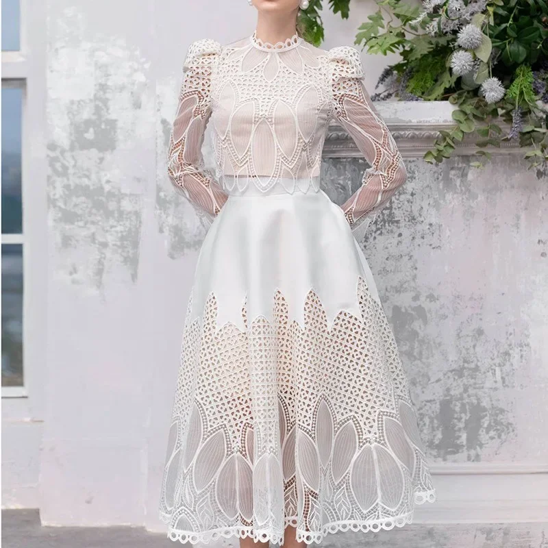 Designer Spring/Summer 2024 Lace Embroidery Hollow Dress Two-piece Set Palace Style 2 Piece Sets Women Outfit Pieces New Women\'s