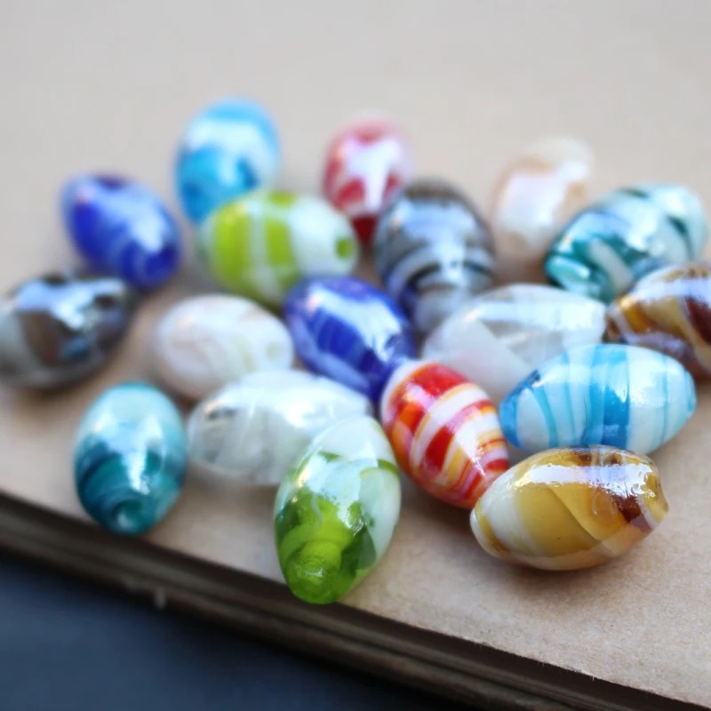 10Pcs 12*16mm Handmade Lampwork Glass Beads Double  Stripes Multi-color Oval Charm Beads for Jewelry Bracelet Necklace Earring