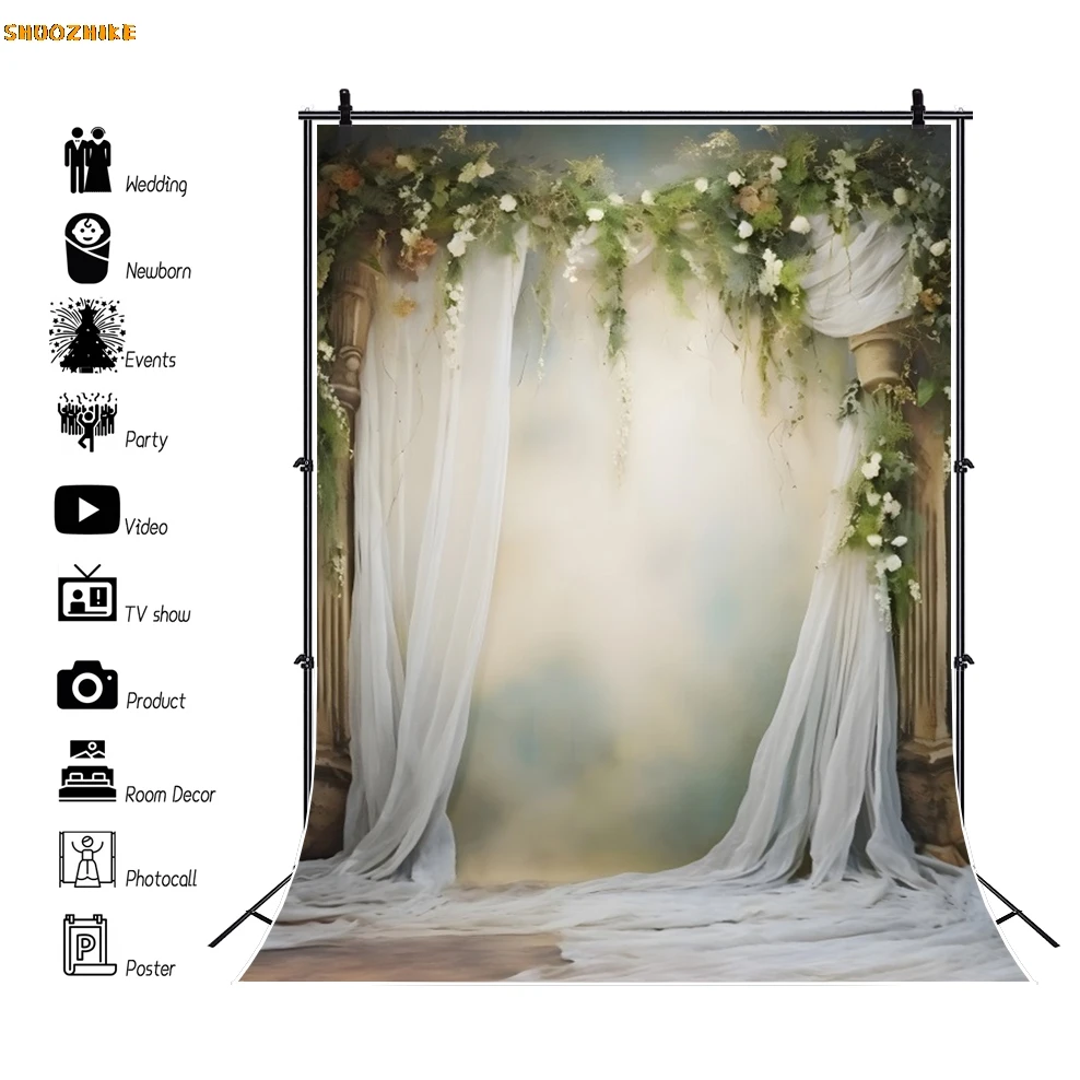 Boho Style Wedding Portrait Photography Backdrop Flowers Window Curtain Bridal Shower Birthday Party Photo Background Props