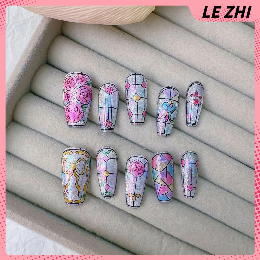 10Pcs Diy French Almond Ballerina Quadrate Nails Pearl Gold Chain 3D Red Rose Hand-Painted Bow Press On Nails Wholesale