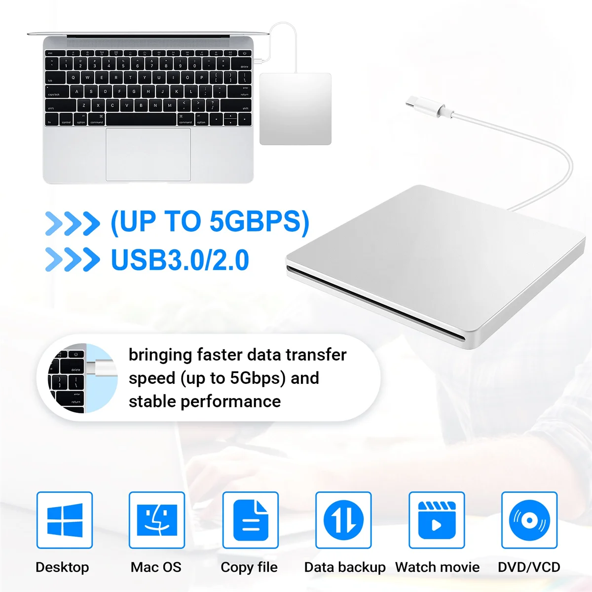 محرك أقراص مضغوطة/DVD خارجي USB من النوع C مشغلات أقراص مضغوطة محمولة خالية من محرك الأقراص لأجهزة الكمبيوتر المحمول، فضي