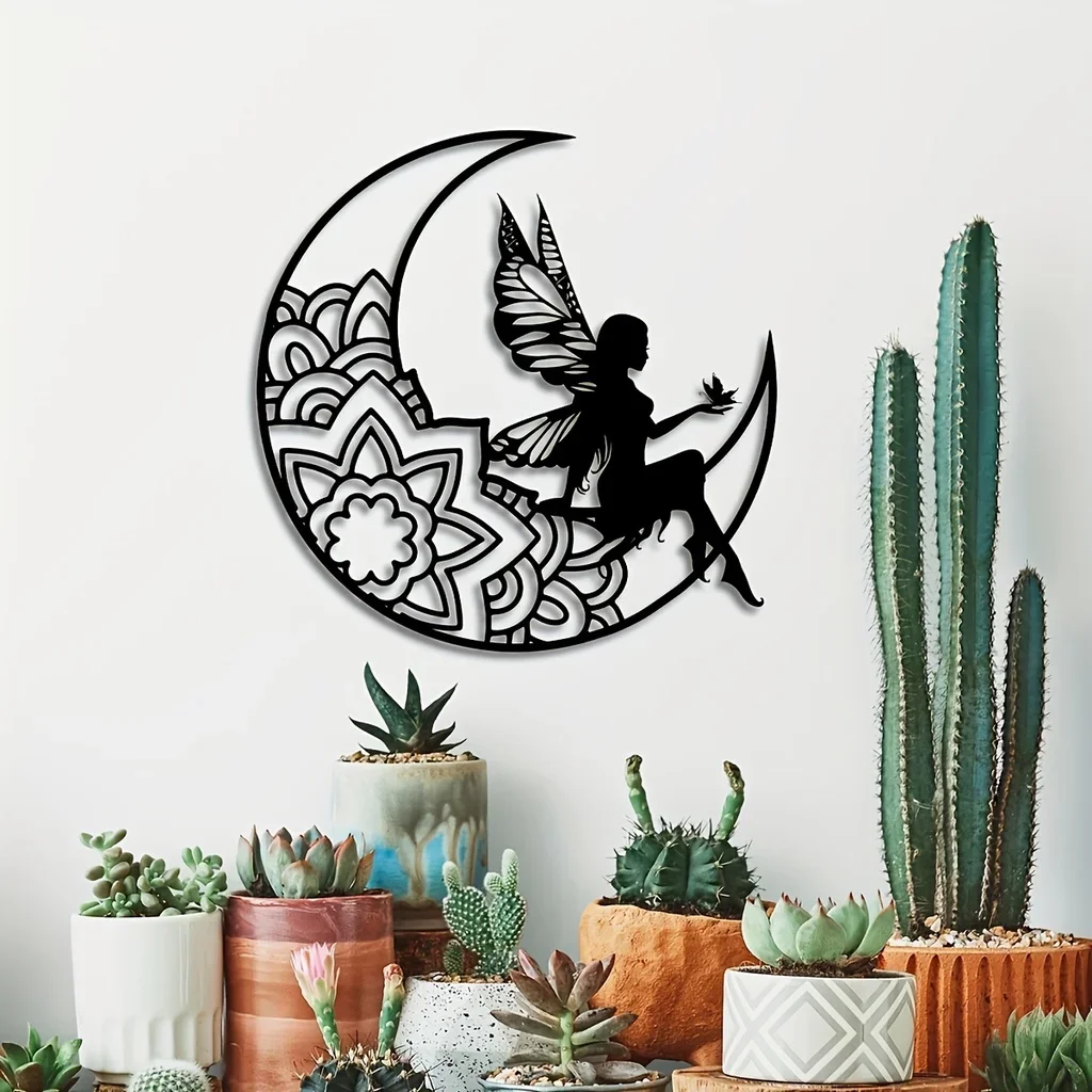 Sinais de metal e placa de fada da lua, Metal Wall Decoration Art, 3D Hollow Silhouette, Decoração para casa ao ar livre